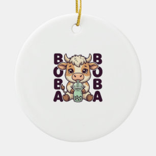 Cute Cow Boba Tea Vintage Gravure T-Shirt Ontwerp Keramisch Ornament