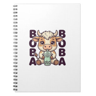 Cute Cow Boba Tea Vintage Gravure T-Shirt Ontwerp Notitieboek