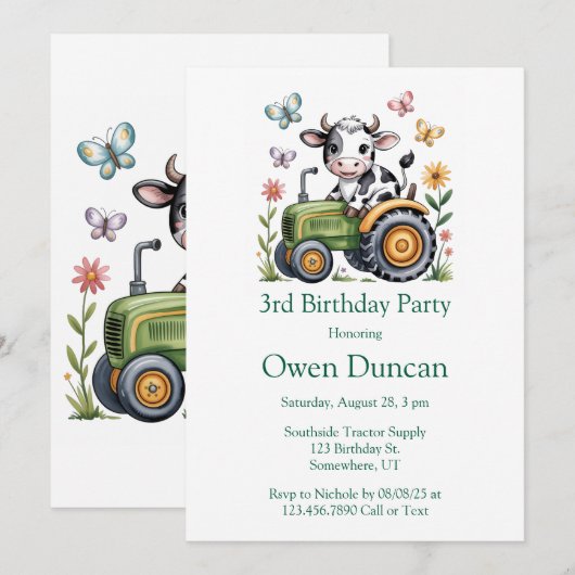 Cute Cow on Tractor Boy Birthday Party  Kaart (Voorkant / Achterkant)