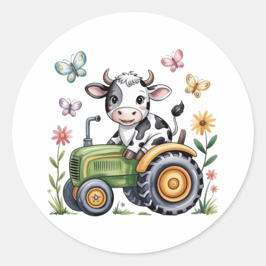 Cute Cow on Tractor Boy Birthday Party Ronde Sticker (Voorkant)