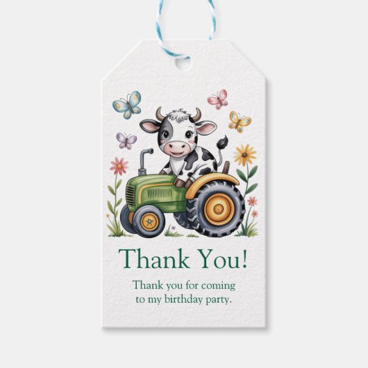 Cute Cow on Tractor Boy Birthday Party Thank You Cadeaulabel (Voorkant)