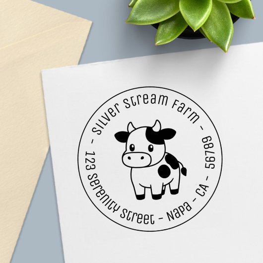Cute Cow Round Business Address Zelfinktende Stempel