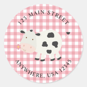 Cute Cow roze gingham retouradreslabels Ronde Sticker