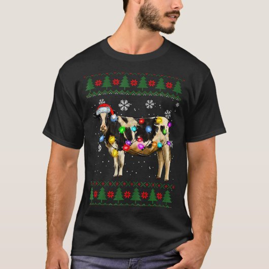 Cute Cow Santa Christmas Lights Ugly Xmas Sweater  T-shirt (Voorkant)