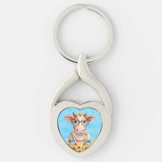 Cute Cow Sunflowers Sleutelhanger (Voorkant)