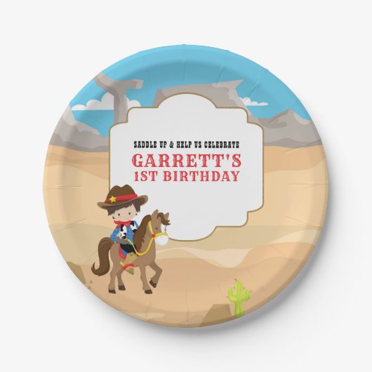 Cute Cowboy 1st Birthday Party Papieren Bordje (Voorkant)