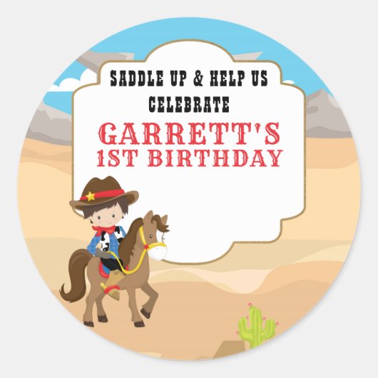 Cute Cowboy 1st Birthday Party Ronde Sticker (Voorkant)