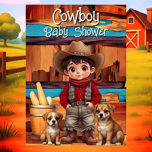 Cute Cowboy Boy Baby Shower dogs Red Blue Kaart