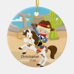 Cute Cowboy Horseback Boy kerstversiering Keramisch Ornament