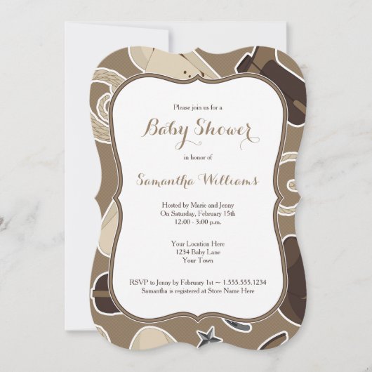 Cute Cowboy Theme Baby shower Invite Brown Kaart (Voorkant)