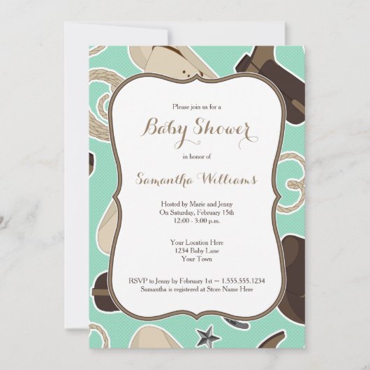 Cute Cowboy Theme Baby shower nodigt Mint Brown ui Kaart (Voorkant)