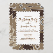 Cute Cowboy Theme Brown Birthday Party Invitation Kaart (Voorkant / Achterkant)