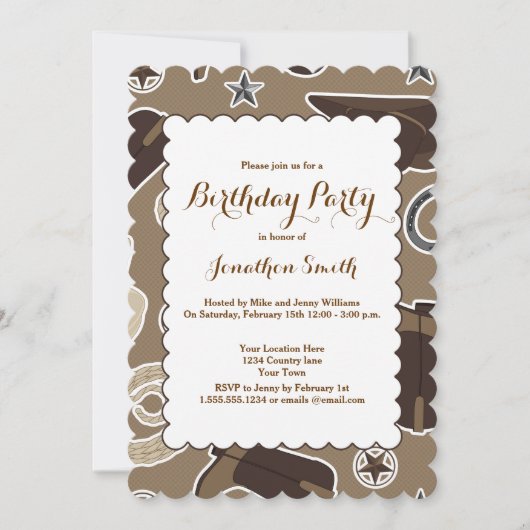 Cute Cowboy Theme Brown Birthday Party Invitation Kaart (Voorkant)