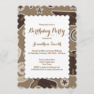 Cute Cowboy Theme Brown Birthday Party Invitation Kaart
