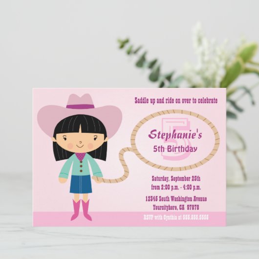 Cute cowgirl lasso meisjesfeest Uitnodiging (Staand voorkant)