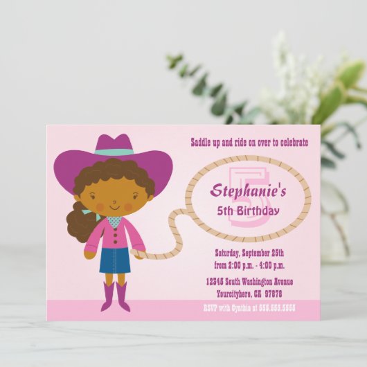 Cute cowgirl lasso meisjesfeest Uitnodiging (Staand voorkant)