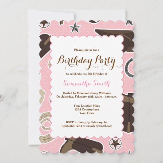 Cute Cowgirl Theme Pink Birthday Party Invitation Kaart (Voorkant)