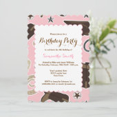 Cute Cowgirl Theme Pink Birthday Party Invitation Kaart (Staand voorkant)