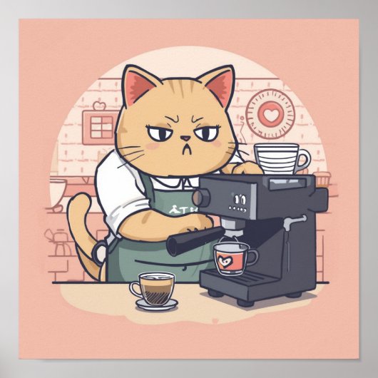 Cute Cozy Cartoon Barista Cat Poster (Voorkant)