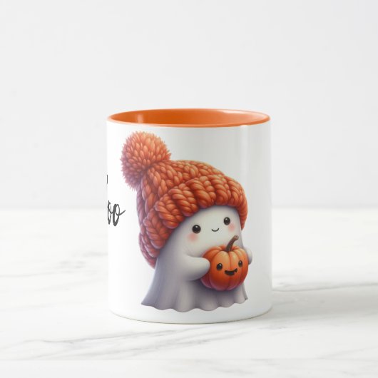 Cute Cozy Ghost in Knitted Hat Holding Pumpkin Mok (Midden)