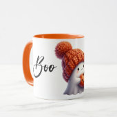 Cute Cozy Ghost in Knitted Hat Holding Pumpkin Mok (Voorkant links)