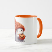 Cute Cozy Ghost in Knitted Hat Holding Pumpkin Mok (Voorkant rechts)