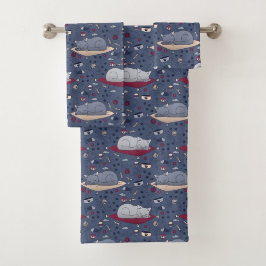 Cute & Cozy Sleepy Cat Dreams Patroon Bad Handdoek (Insitu)