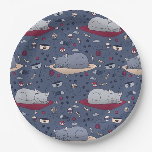 Cute & Cozy Sleepy Cat Dreams Patroon Papieren Bordje (Voorkant)