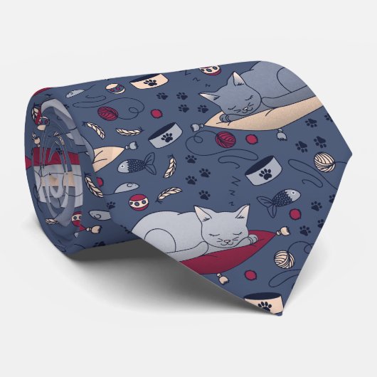 Cute & Cozy Sleepy Cat Dreams Patroon Stropdas (Opgerold)