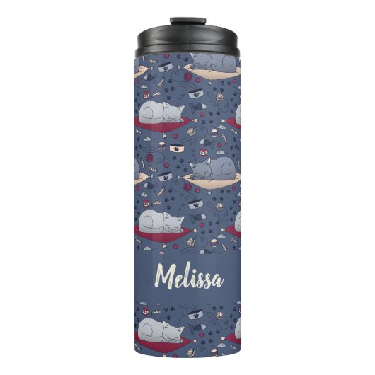 Cute & Cozy Sleepy Cat Dreams Patroon Thermosbeker (Voorkant)