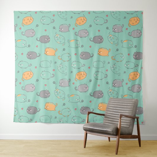 Cute & Cozy Sleepy Cat Dreams Pattern Wandkleed (In Situ (horizontaal))