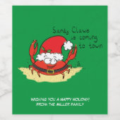 Cute Crab Kerstmis Funny Holiday Santa Cartoon Wijn Etiket (Enkel label)