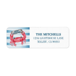 Cute Crab Nautical Stripes Holiday Return Address Etiket