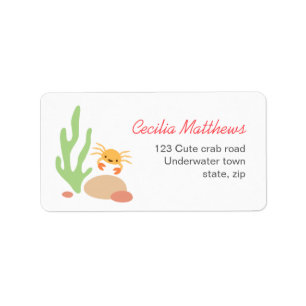 Cute crab seaweed en rocken zee onderwater cartoon etiket