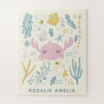 Cute Crab Underwater Shells Pastel Aangepaste naam Legpuzzel<br><div class="desc">Deze schattige aangepaste puzzel heeft een grillige illustratie van een krab omringd door schelpen,  flora,  zeester en nog veel meer,  in een  pastelkleurpalet van roze,  blauw en geel. Pas het aan met jouw naam. Geweldig cadeauidee!</div>