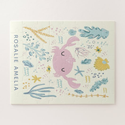 Cute Crab Underwater Shells Pastel Aangepaste naam Legpuzzel (Horizontaal)