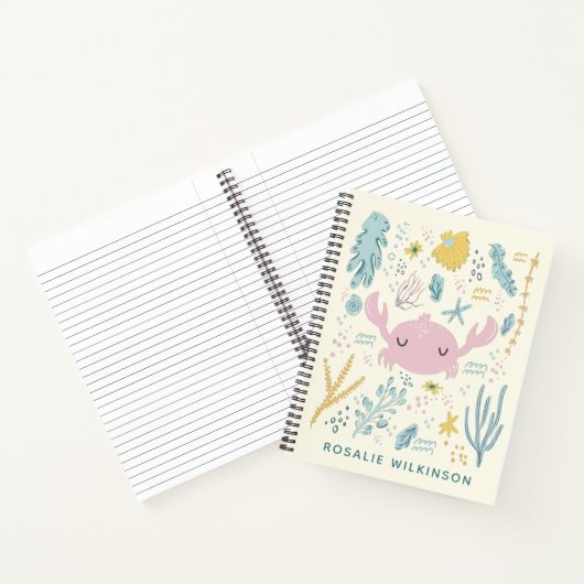 Cute Crab Underwater Shells Pastel Aangepaste naam Notitieboek (Binnen)
