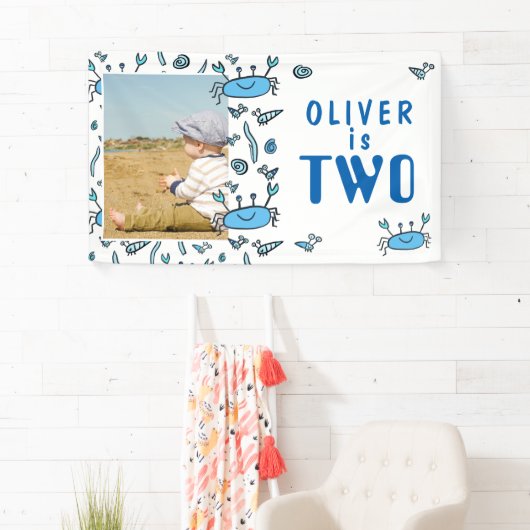 Cute Crab Zee Animals Shell Boy 2de verjaardag Spandoek (Insitu)