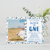 Cute Crab Zee Animals Shell Boy Foto 1st Birthday Kaart (Staand voorkant)