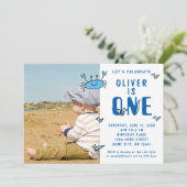 Cute Crab Zee Animals Shell Boy Foto 1st Birthday Kaart (Staand voorkant)