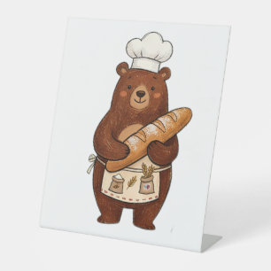 Cute Crayon Baker Beer met Franse Brood Chef T-Shi Reclamebord Met Voetstuk