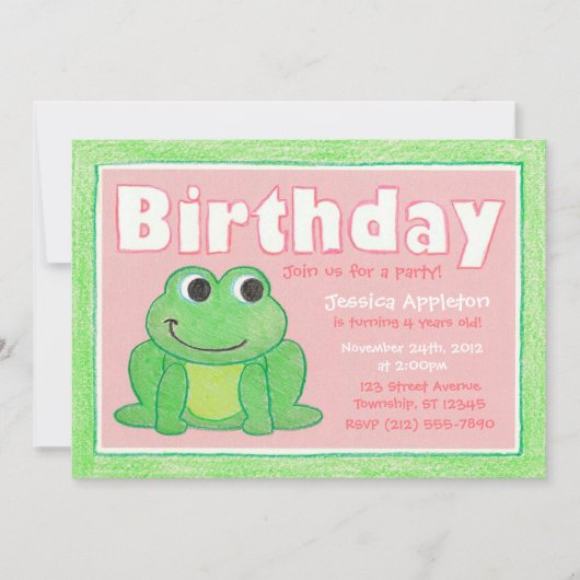 Cute Crayon Frog Little Girl's Birthday Invitation Kaart (Voorkant)