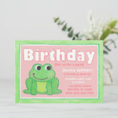 Cute Crayon Frog Little Girl's Birthday Invitation Kaart (Staand voorkant)