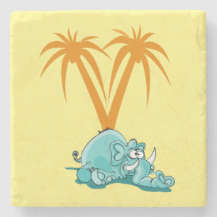 Cute Crazy Blue Elephant Laying under Palm Trees Stenen Onderzetter