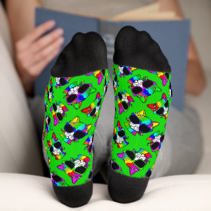 CUTE Crazy Colorful Cool Rainbow Cats on Green Sokken