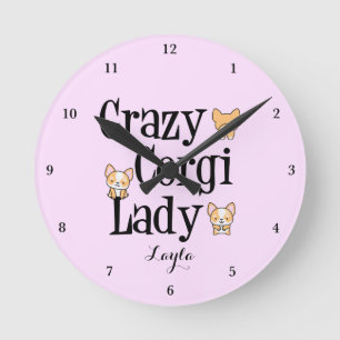 Cute Crazy Corgi Lady Personalized Pink Ronde Klok