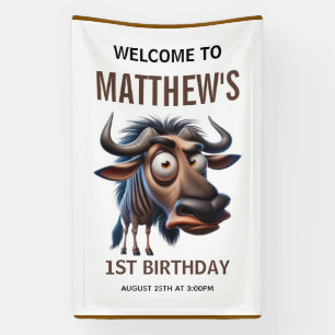 Cute Crazy Wildebeest Boerderij Thema 1e Verjaarda Spandoek