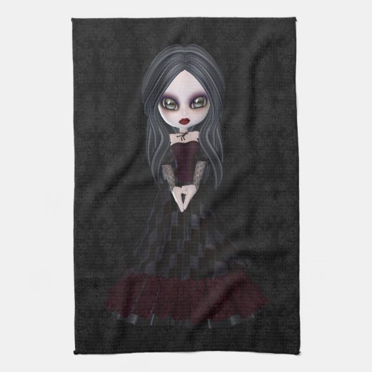 Cute & Creepy Gothic Girl Black Kitchen Towel Theedoek (Verticaal)