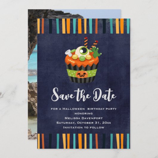 Cute & Creepy Halloween Cupcake met Big Eyeball Save The Date (Voorkant / Achterkant)