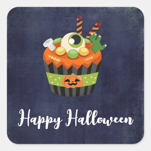 Cute & Creepy Halloween Cupcake met Big Eyeball Vierkante Sticker (Voorkant)